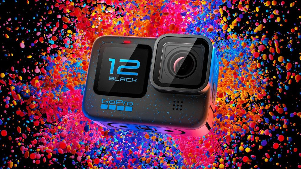 GoPro Hero 12 Black mounted on a handlebar, capturing fast paced action footage with vibrant colors and HyperSmooth stabilization.